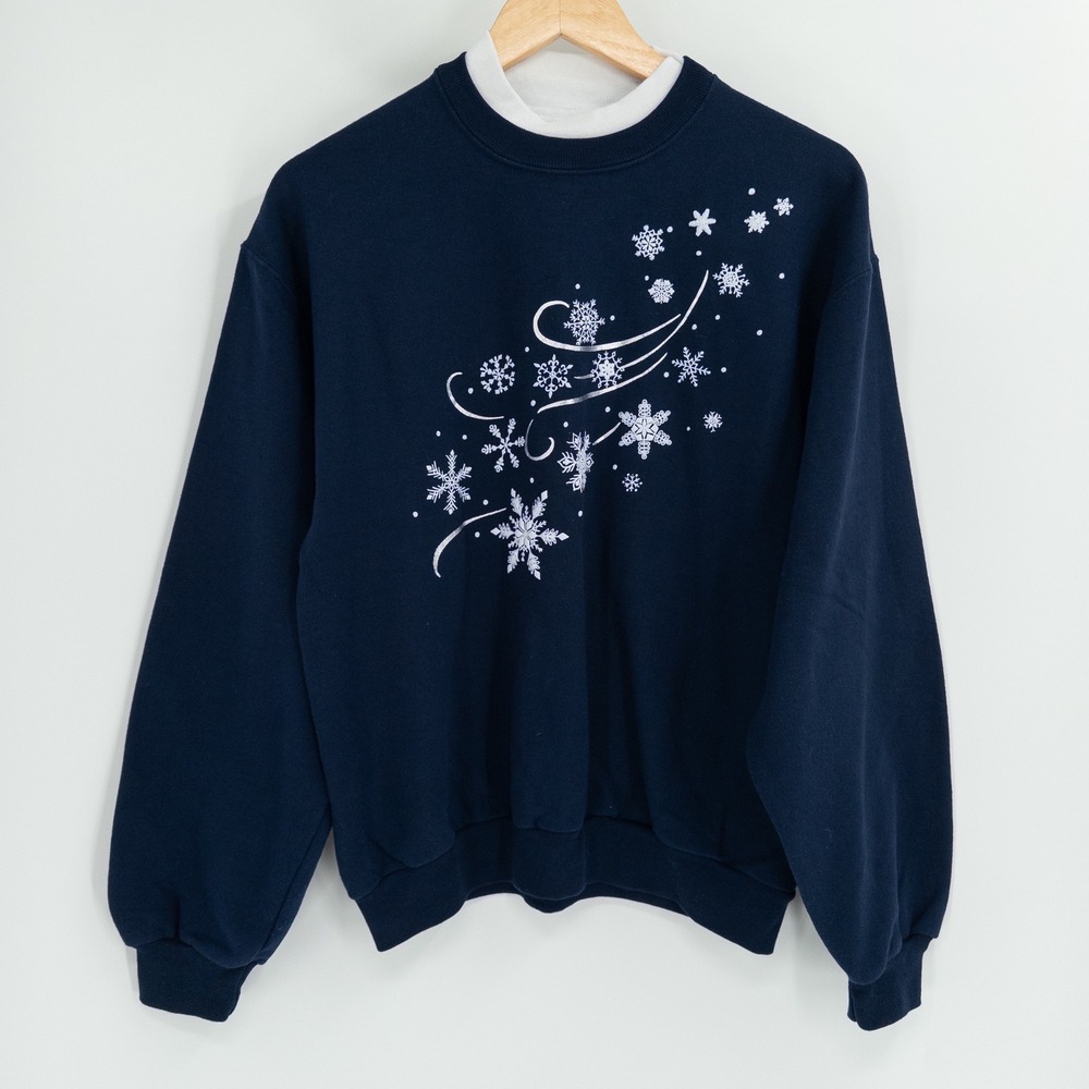 Vintage 90s Holiday Sweatshirt Womens M Navy Blue Winter Christmas Snowflake